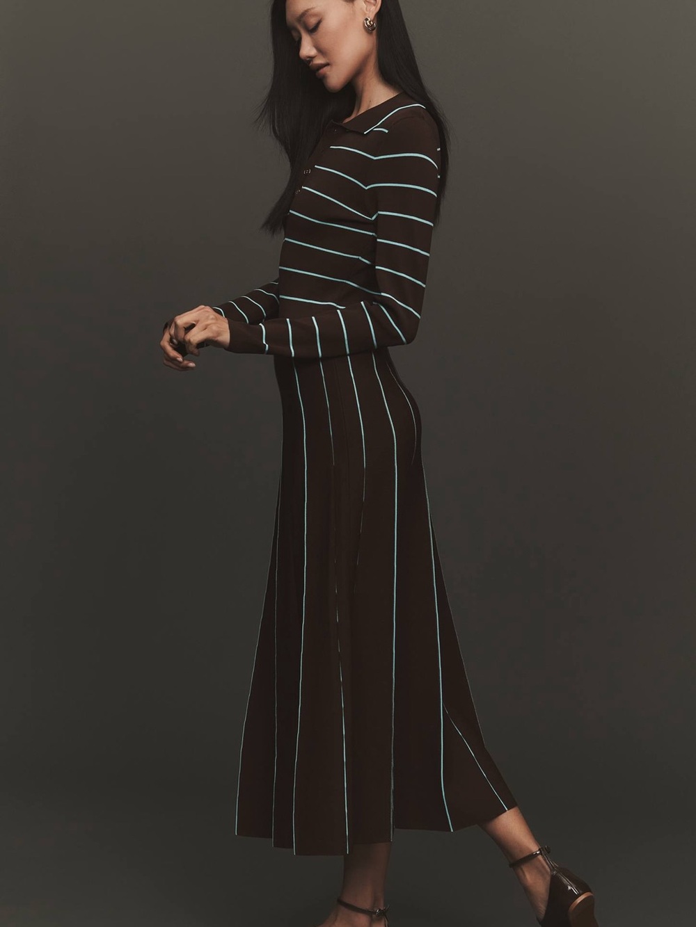Long Sleeve Brown and Blue maxi dress ANTHROPOLOGIE
